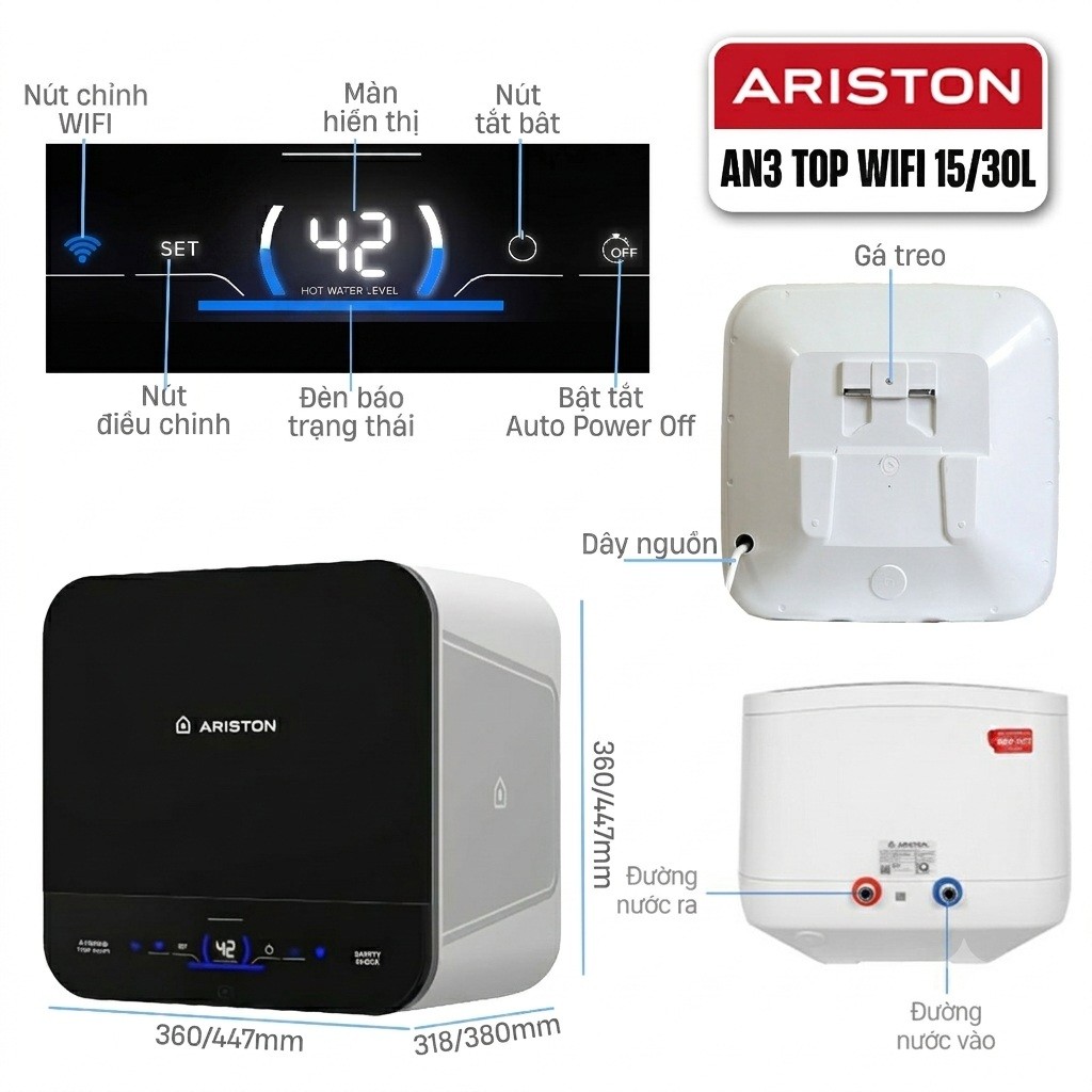 Bản vẽ kích thước máy nước nóng Ariston Andris 3 Top Wifi 30 lít 2500w