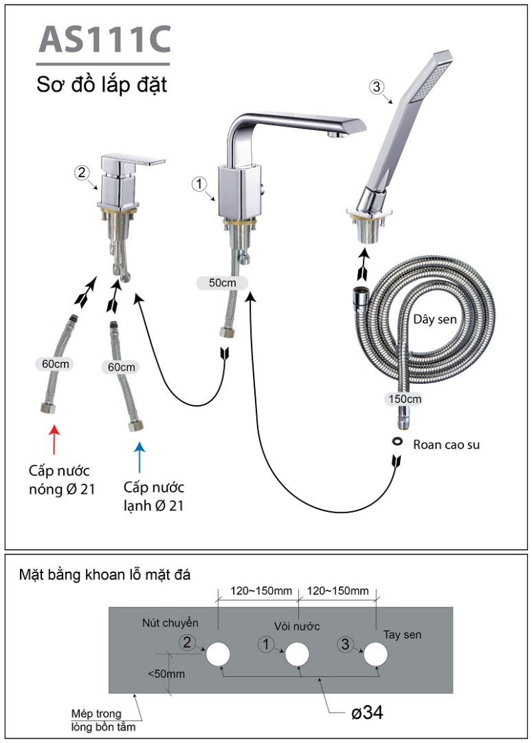 Bản vẽ chi tiết vòi sen bồn tắm Caesar AC111 C 3 lỗ