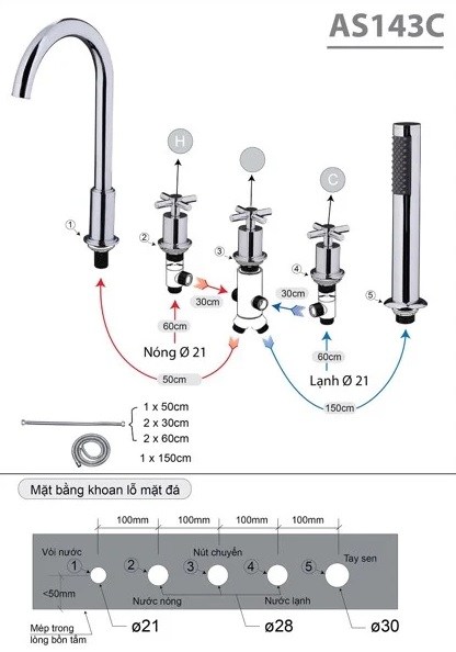 Bản vẽ hướng dẫn lắp đặt vòi xả bồn AS143 nóng lạnh Caesar