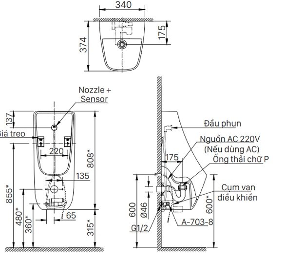 Bản vẽ kích thước bồn tiểu Inax AU-468IR