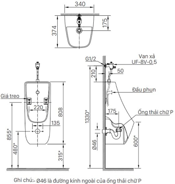 Bản vẽ kích thước bệ tiểu Inax AU-468V 0,5 lít cấp nổi