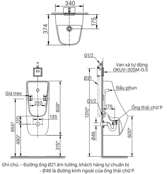 Bản vẽ kích thước bệ tiểu Inax AU 468VAC xả 0,5 lít
