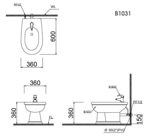 Bản vẽ kích thước bệ tiểu nữ Caesar B1031