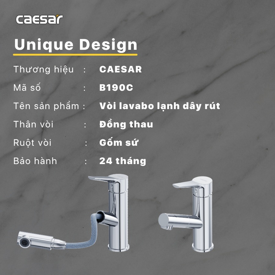 Bản vẽ kích thước vòi chậu rút dây Caesar B190CU