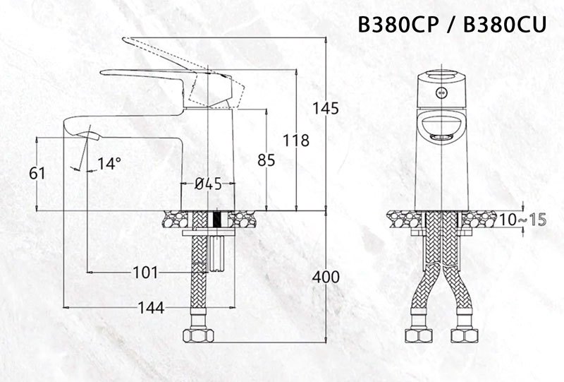 Bản vẽ vòi chậu nóng lạnh Caesar B380CU xả nhấn