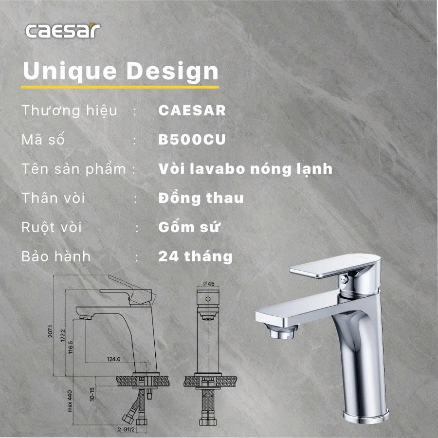 Bản vẽ vòi chậu nóng lạnh Caesar B500CU xả nhấn