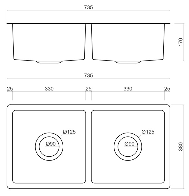 Bản vẽ kích thước chậu bếp đồng Kanly BCS 257 735x380mm