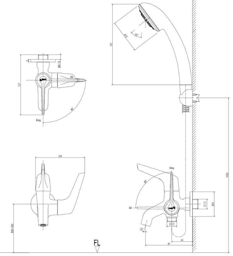 Bản vẽ kích thước vòi sen lạnh Inax BFV-17-8C