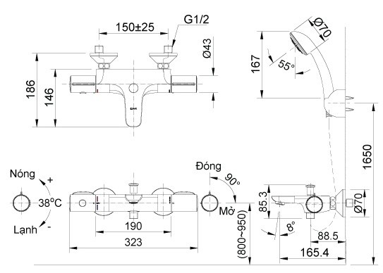 Bản vẽ kỹ thuật vòi sen INAX BFV-3413T-8C nhiệt độ