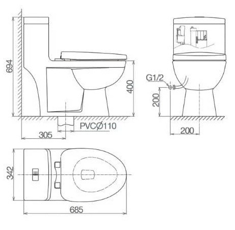 Bản vẽ bệ xí bệt V825 Viglacera 1 khối