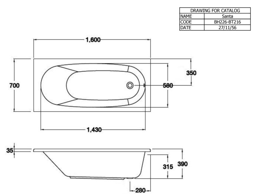 Bản vẽ kích thước bồn tắm xây BT 216D H Cotto 1.6M