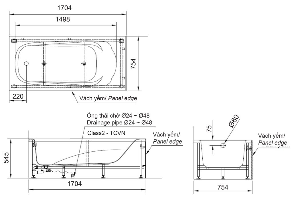 Bản vẽ kích thước bồn tắm INAX FBV-1702SL 1.5 mét