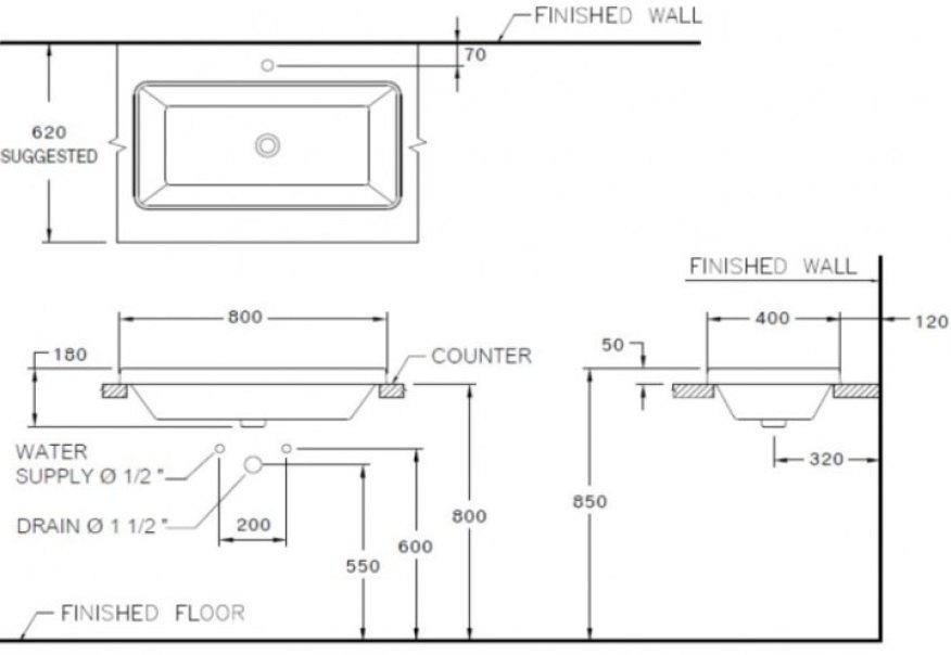 Bản vẽ kích thước chậu lavabo đặt bàn C 001027 Cotto