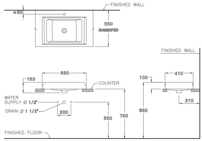 Bản vẽ kích thước chậu lavabo Cotto C00247