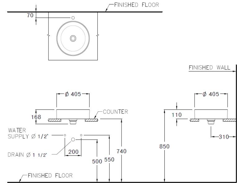 Bản vẽ kích thước chậu lavabo đặt bàn C00340 MBK Cotto