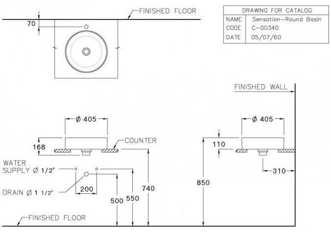 Bản vẽ kỹ thuật chậu lavabo đặt bàn màu xám C00340 MSL Cotto