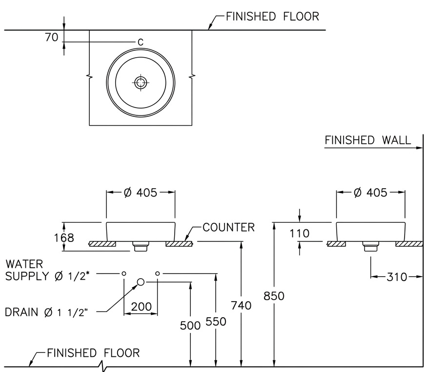 Bản vẽ kỹ thuật chậu lavabo trắng mờ C00340 MWH Cotto