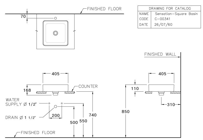 Bản vẽ kỹ thuật chậu lavabo đặt bàn C00341 MIR Cotto vuông