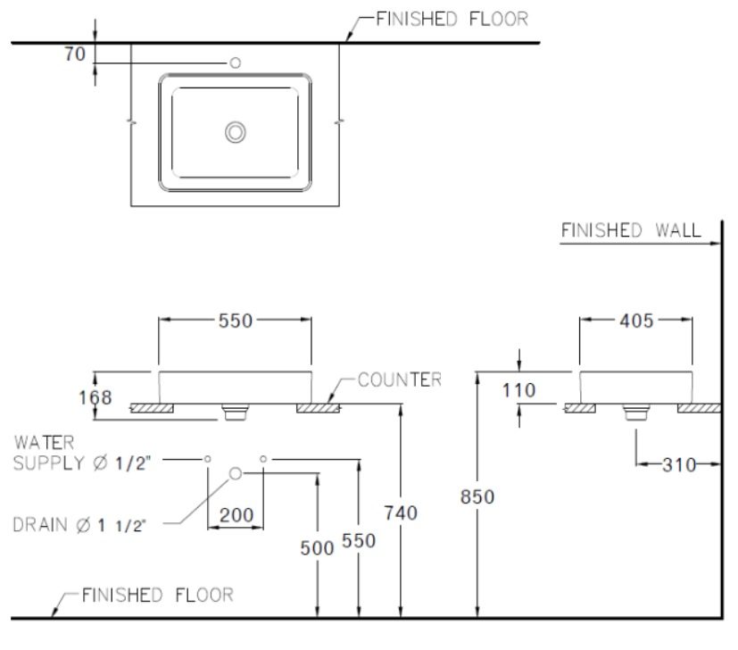 Bản vẽ kích thước chậu lavabo đặt bàn C00342 MSL Cotto