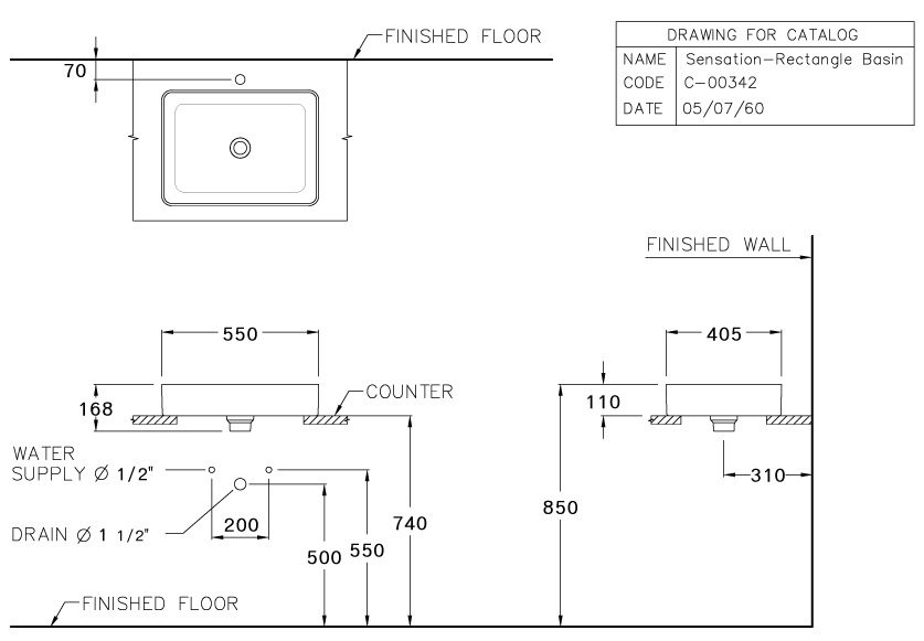Bản vẽ kích thước chậu lavabo đặt bàn Cotto c 00342 mir