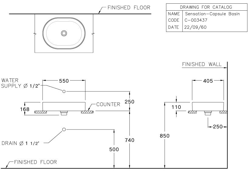 Bản vẽ kích thước lavabo rửa mặt  Cotto c 00343 mwh