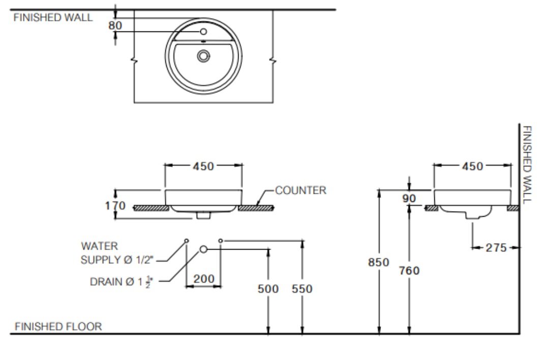 Bản vẽ kỹ thuật lavabo rửa mặt đặt bàn C00380-MWH Cotto