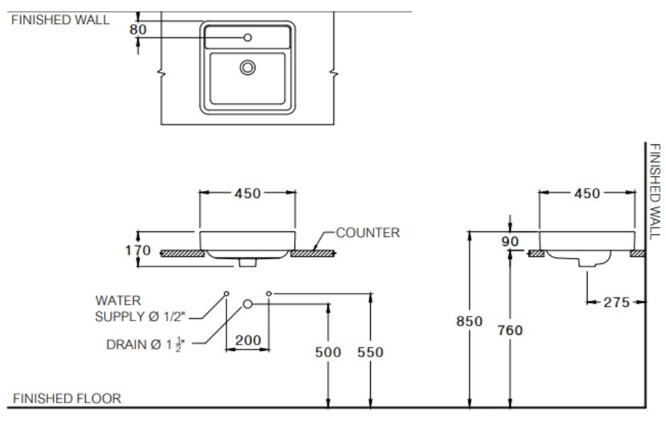Bản vẽ kích thước chậu lavabo cotto C 00381 MLG đặt bàn