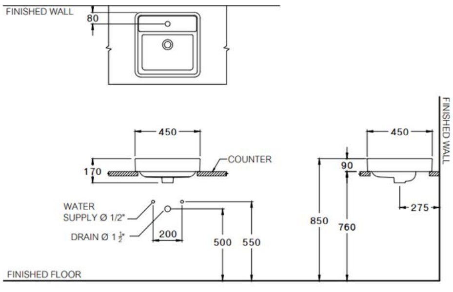 Bản vẽ kích thước chậu lavabo cotto C 00381 MWH đặt bàn