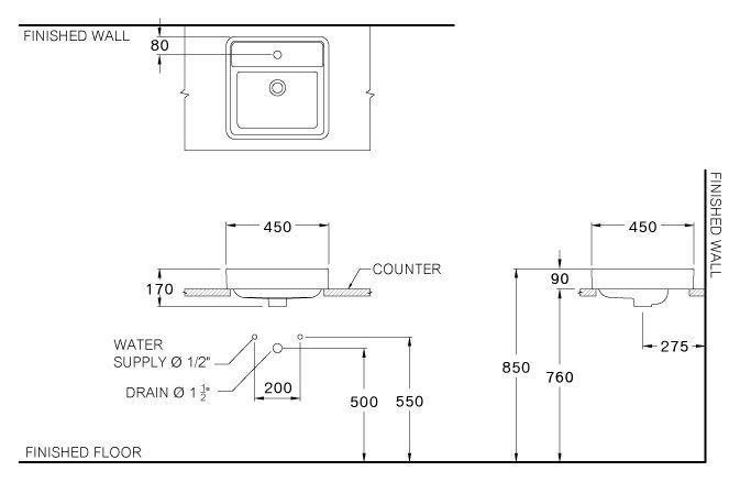 Bản vẽ kích thước chậu lavabo cotto C 003817 WH đặt bàn