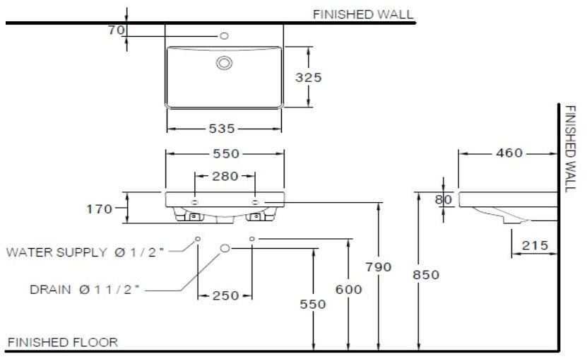 Bản vẽ kích thước chậu lavabo đặt bàn C005907 Cotto