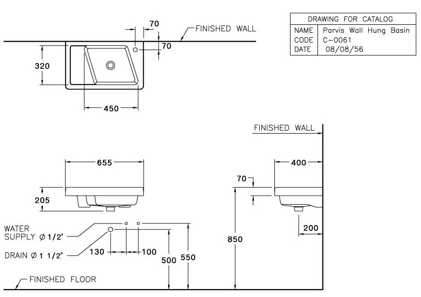 Bản vẽ kỹ thuật chậu lavabo treo tường Cotto C 0061