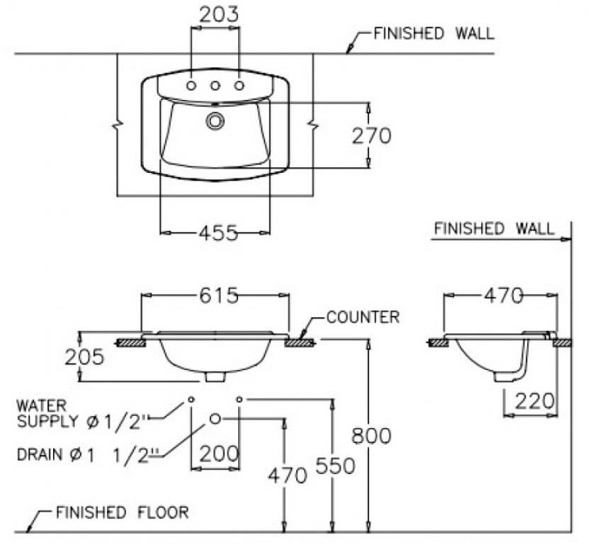 Bản vẽ kỹ thuật chậu rửa mặt Cotto C0110 âm bàn
