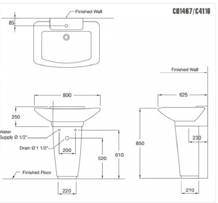 Thông số kỹ thuật chậu lavabo Cotto C01467 - C4116