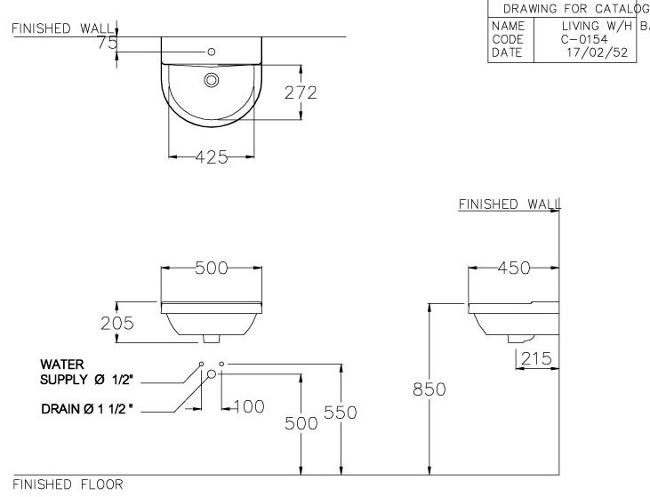 Bản vẽ kích thước chậu lavabo treo tường Cotto C 01547