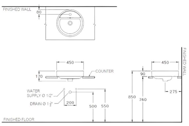 Bản vẽ kỹ thuật chậu lavabo đặt bàn Cotto C003807