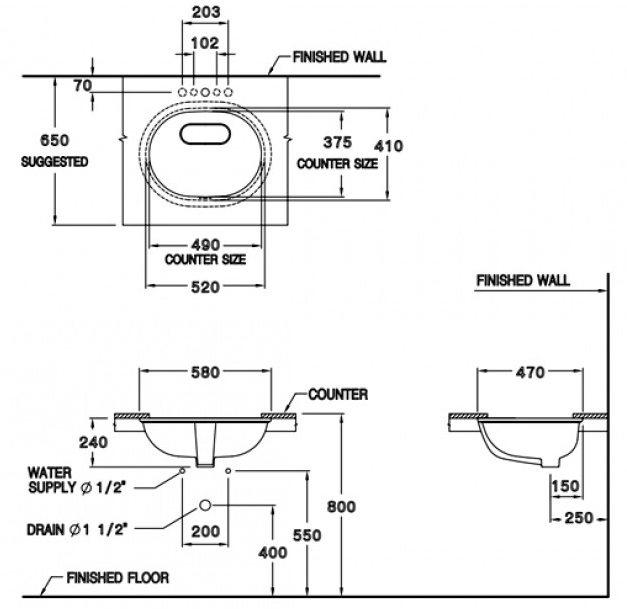 Bản vẽ kích thước lavabo âm bàn Cotto C 01617
