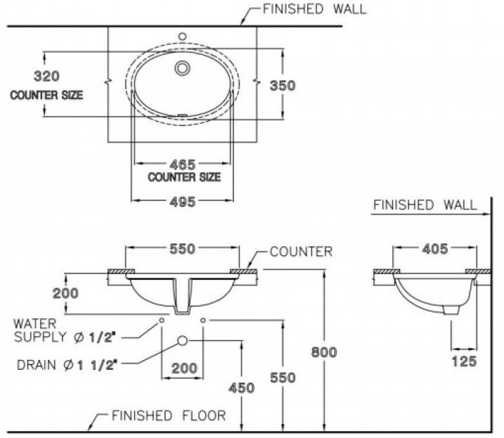 Bản vẽ kỹ thuật chậy rửa mặt Cotto âm bàn C 017