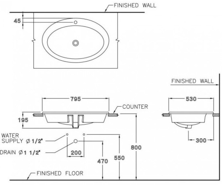 Bản vẽ kỹ thuật chậu lavabo Cotto C 019 âm bàn dương vành 