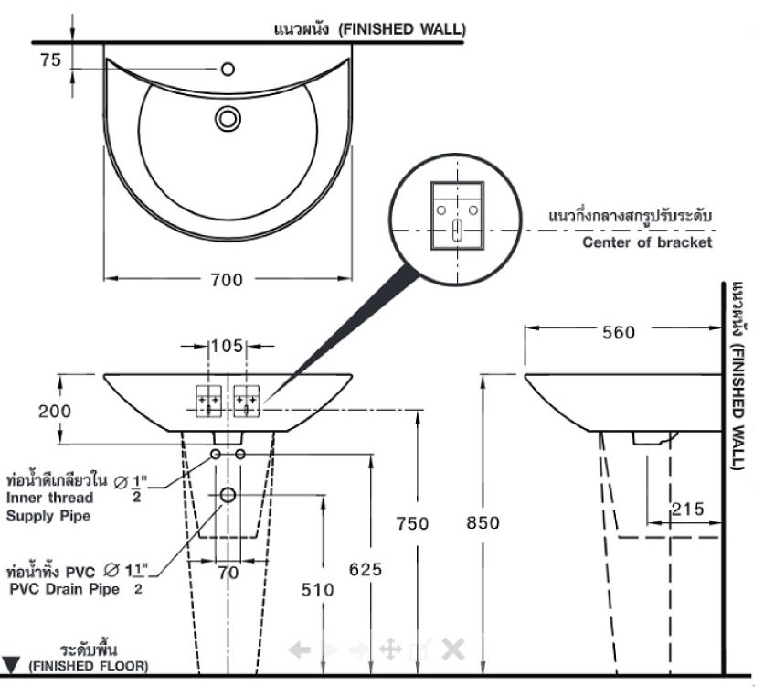 Bản vẽ kích thước lavabo treo tường Cotto C 02197 C 4219