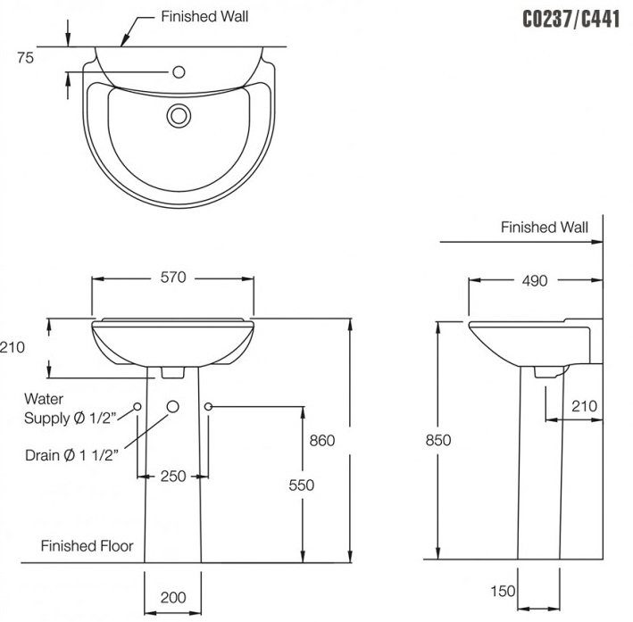 Thông số kỹ thuật  lavabo troe tường chân dài cotto C0237 - C411