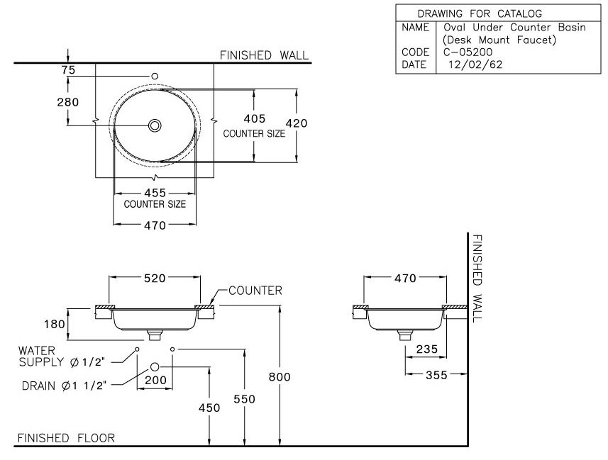 Bản vẽ chậu lavabo âm bàn C 05200 COTTO