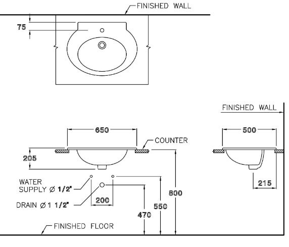 Bản vẽ kích thước chậu lavabo Cotto C 05817