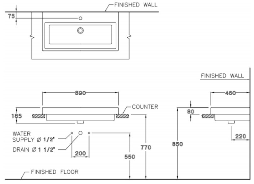 Bản vẽ kỹ thuật chậu lavabo Cotto C0900