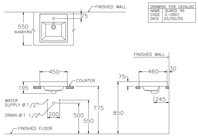 Bản vẽ kích thước Chậu lavabo đặt bàn Cotto C 0901