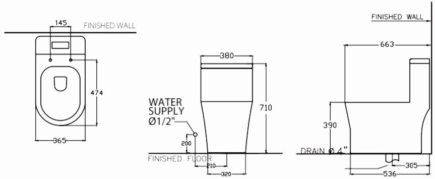 Bản vẽ kích thước bồn cầu 1 khối Cotto C100018 HOS