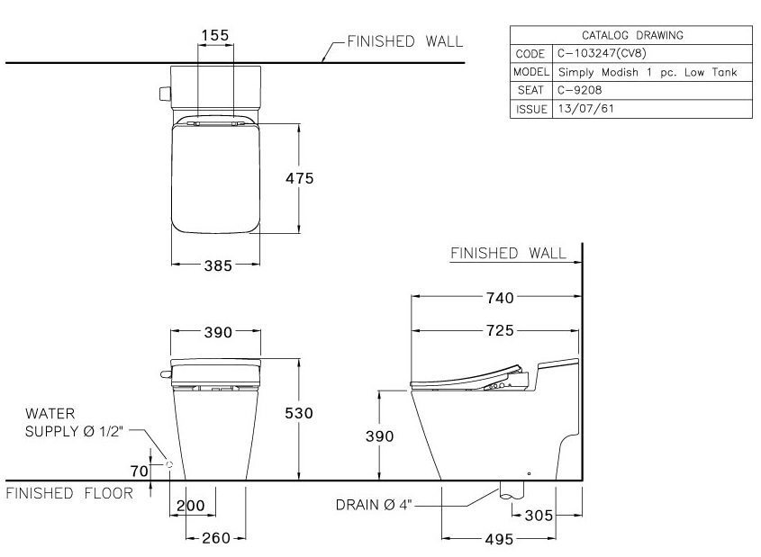 Bản vẽ kích thước bàn cầu liền khối cotto C 103247 CV8