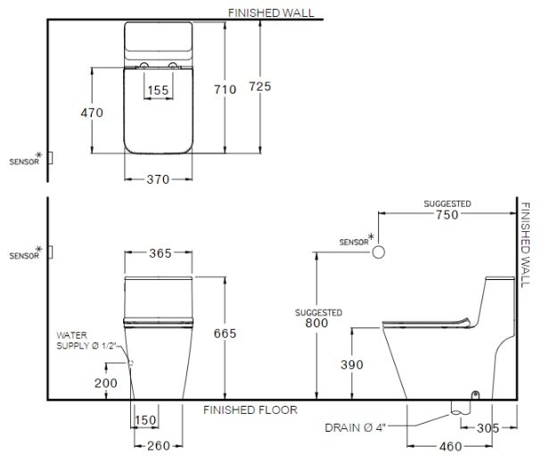 Bản vẽ kích thước bồn cầu C103257 1 khối Cotto