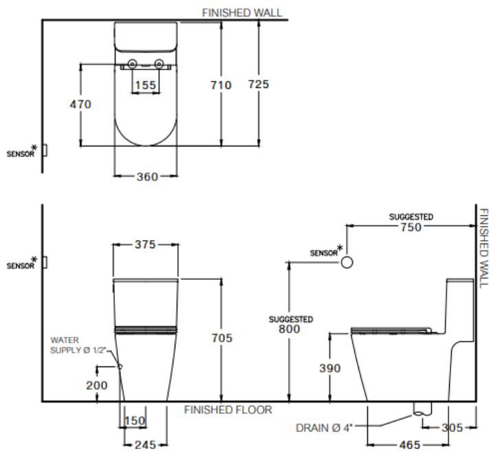 Bản vẽ kích thước bồn cầu C103357 Cotto 1 khối