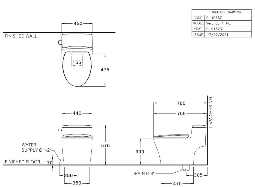 Bản vẽ kích thước bồn cầu C 10357 1 khối Cotto