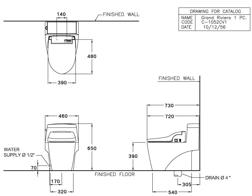 Bản vẽ kích thước bàn cầu Cotto c10527 cv1 kết hợp nắp rửa điện tử